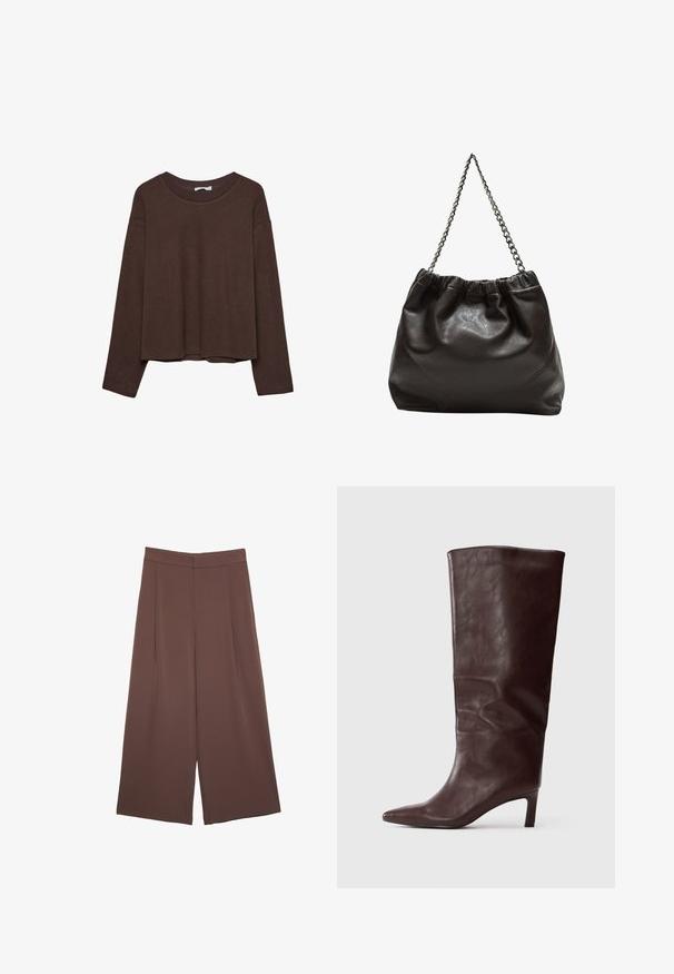 Rjav pulover s sproščenim krojem, rebrastim ovratnikom in dolgimi rokavi. Gladka tekstura z zaobljenim robom in brez vidnih vzorcev ali akcentov.; Rjave široke hlače z gladko teksturo, ki imajo visok pas in sprednje naborke. Tkanina je lahka in prosto pada.; Visok temno rjav usnjen čevlj z ostrim nosom in ozkim srednje visokim petam na praznem belem ozadju.; Rjava usnjena torba z nabranim vrhom in verižnim trakom. Gladka tekstura z sijajno površino in subtilnimi šivi na straneh.