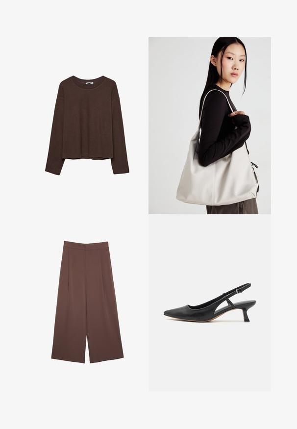 Pull marron à coupe décontractée, col côtelé et manches longues. Texture lisse avec un ourlet arrondi et sans motifs ni accents visibles.; Pantalons larges marron avec une texture lisse, dotés d'une taille haute et de plis à l'avant. Le tissu est léger et tombe de manière fluide.; Chaussure slingback en cuir noir avec un bout pointu, un petit talon bloc, des découpes sur les côtés et une bride à la cheville ajustable. Texture lisse sur toute la chaussure.; Sac à main beige en matériau souple, avec un design décontracté, des détails cousus et deux poignées. Idéal pour un usage quotidien.