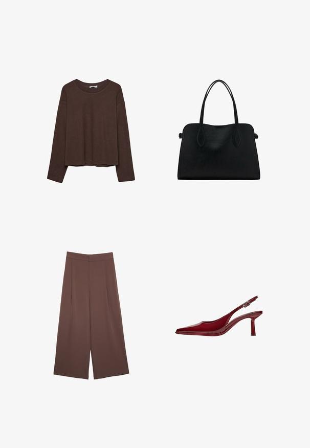 Maglione marrone con una vestibilità rilassata, colletto a coste e maniche lunghe. Tessuto liscio con orlo arrotondato e senza motivi o accenti visibili.; Pantaloni ampi marroni con una texture liscia, caratterizzati da una vita alta e pieghe frontali. Il tessuto è leggero e scorre liberamente.; Bershka Decolleté - dark red; Borsa a mano in pelle nera con doppio manico, forma rettangolare e design minimalista su sfondo bianco.