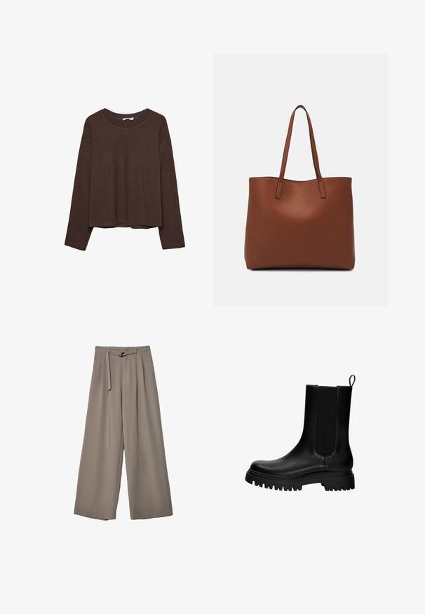 Smeđi pulover s ležernim krojem, rebrastim izrezom i dugim rukavima. Glatka tekstura s zaobljenim rubom i bez vidljivih uzoraka ili akcenata.; Široke hlače u mekoj, prigušenoj sivoj tkanini, s remenom na struku i plisiranim detaljima za dodatni dizajn. Glatka tekstura, bez uzoraka.; Crne kožne gležnjače s elastičnim bočnim panelima, ručkom na poleđini i debelim, čvrstim potplatom. Glatka tekstura s modernim dizajnom.; Smeđa kožna torba preko ramena s glatkom teksturom, otvorenim vrhom i dvjema naramenicama. Ima minimalne šavove i nema vidljivog hardvera.