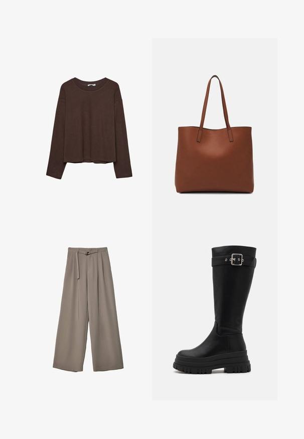 Rjav pulover s sproščenim krojem, rebrastim ovratnikom in dolgimi rokavi. Gladka tekstura z zaobljenim robom in brez vidnih vzorcev ali akcentov.; Široke hlače iz mehke, umirjene sive tkanine, z pasom, ki ga je mogoče zavezati, in z gubami za dodatne oblikovne podrobnosti. Gladka tekstura, brez vzorcev.; Črne ženske škornje do kolen iz gladkega usnja z debelim gumijastim podplatom in kovinsko zaponko na zgornjem traku.; Rjava usnjena torba z gladko teksturo, odprto zasnovo zgoraj in dvema naramnima trakovoma. Opremljena je z minimalnim šivanjem in brez vidnih kovinskih delov.