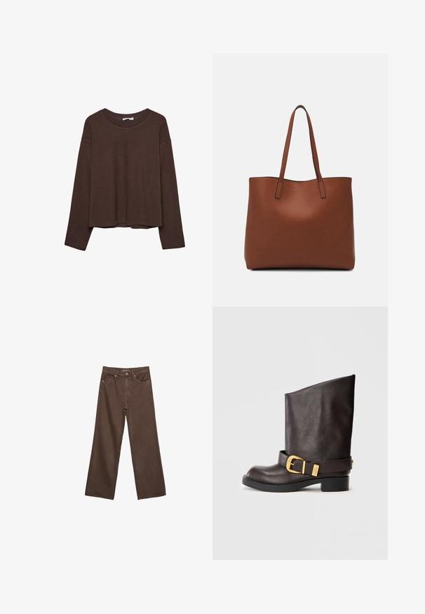 Brauner Pullover mit lockerer Passform, geripptem Kragen und langen Ärmeln. Glatte Textur mit abgerundetem Saum und ohne sichtbare Muster oder Akzente.; Weite braune Jeans aus Denim, mit hoher Taille, Fronttaschen und klassischem Knopfverschluss. Glatte Textur mit feinen Nähten.; Dunkelbraune Lederstiefelette bis zur Wade mit schwarzer Sohle, niedrigem Absatz und dekorativem goldenen Schnallenriemen um den Knöchel, seitlich dargestellt.; Braune Leder-Tote mit glatter Textur, offenem Oberteil und zwei Schulterriemen. Verfügt über minimale Nähte und keine sichtbaren Beschläge.