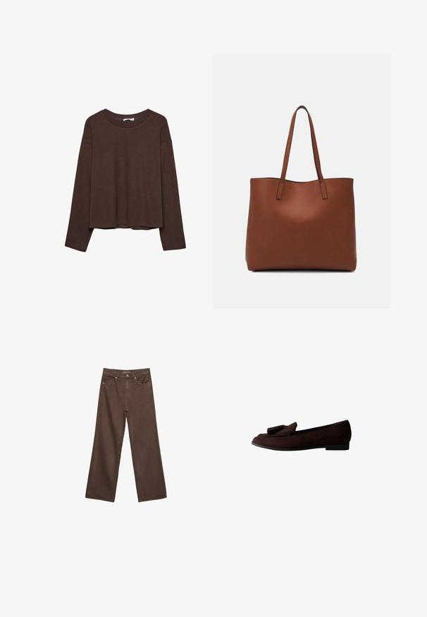 Brown sweater with a relaxed fit, ribbed neckline, and long sleeves. Smooth texture with a rounded hem and no visible patterns or accents.; Wide-leg brown jeans made of denim, featuring a high waist, front pockets, and a classic button closure. Smooth texture with subtle stitching.; Brown suede loafer with a rounded toe and decorative tassel on the upper. Flat sole with a minimalistic design and smooth texture.; Brown leather tote bag with a smooth texture, open top design, and two shoulder straps. Features minimal stitching and no visible hardware.