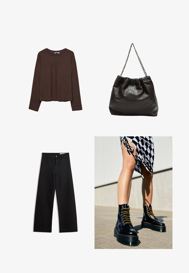 Brun tröja med avslappnad passform, ribbad halsringning och långa ärmar. Slät textur med rundad nederkant och inga synliga mönster eller accenter.; Svarta vida denimbyxor med hög midja, med fram- och bakfickor, sydda sömmar och knappstängning. Slät textur.; Svarta läderplattformstövlar med kraftiga sulor, gyllene snörning och orangea sömmar, tillsammans med en rutmönstrad kjol som har en sida slits.; Brun läderväska med rynkad topp och kedjesnodd. Slät textur med en blankslipad yta och subtila sömdetaljer på sidorna.