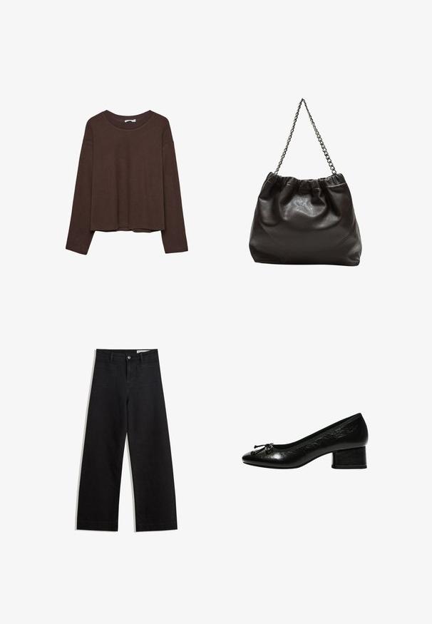Hnědý svetr se uvolněným střihem, ribbovaným výstřihem a dlouhými rukávy. Hladká textura s kulatým lemem a bez viditelných vzorů či akcentů.; Černé denimové kalhoty s volným střihem a vysokým pasem, vybavené předními a zadními kapsami, prošívanými švy a knoflíkovým zapínáním. Hladká textura.; Černé lakované lodičky s kulatou špičkou, malým blokovým podpatkem a mašlí na přední části. Hladký povrch s lesklým finišem.; Hnědá kožená taška se sbíraným vrškem a řetízkovým popruhem. Hladký povrch s lesklým finišem a jemným švem na bocích.