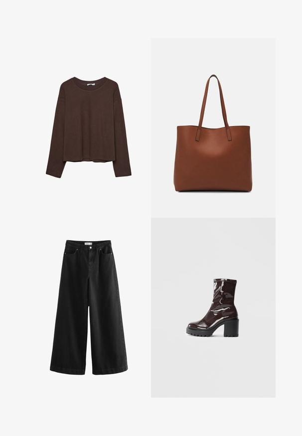 Hnedý sveter s uvoľneným strihom, s rebrovaným výstrihom a dlhými rukávmi. Hladká textúra s okrúhlym lemom a bez viditeľných vzorov alebo akcentov.; Čierne široké džínsy vyrobené z denimu, so zvýšeným pásom, piatimi vreckami a čistým zakončením. Tkanina má hladkú textúru, s minimálnymi akcentmi.; Lesklé burgundské kotníkové boty s robustním černým podpatkem, s hladkou strukturou a jednoduchým designem. Bez viditelných zapínání nebo vzorů.; Hnedá kožená taška na rameno s hladkou textúrou, otvoreným vrchom a dvoma ramenými popruhmi. Má minimálne šitia a žiadne viditeľné kovania.