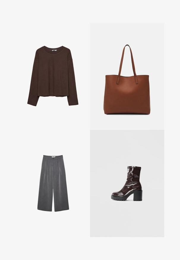 Brązowy sweter o luźnym kroju, z prążkowanym dekoltem i długimi rękawami. Gładka tekstura z zaokrąglonym dołem i bez widocznych wzorów ani akcentów.; Plisowane spodnie o szerokich nogawkach w ciemnoszarym materiale z subtelną teksturą. Posiadają zapięcie na guzik oraz klasyczny krój pasa.; Błyszczące bordowe botki za kostkę z masywną czarną obcasem, charakteryzujące się gładką teksturą i prostym wzornictwem. Brak widocznych zapięć lub wzorów.; Brązowa skórzana torba tote o gładkiej fakturze, z otwartym wierzchem i dwoma ramiączkami. Charakteryzuje się minimalnym przeszyciem i brakiem widocznych elementów metalowych.