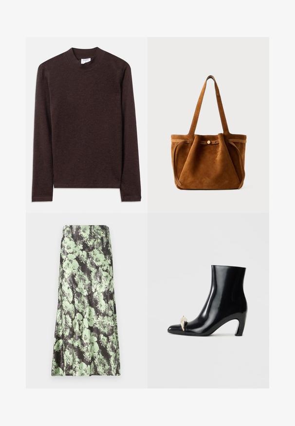 Brūna, garām piedurknēm augsta kakla krekls, izgatavots no mīksta, teksturēta auduma. Neprasa pārāk sarežģītu dizainu un taisnajām piedurknēm.; Ziedu svārki ar melnu pamatni un gaiši zaļiem ziedu rakstiem. Materiāls šķiet gluds ar nedaudz spīdīgu tekstūru un plandošu formu.; Melnas potītes zābaki, izgatavoti no spīdīgas ādas, ar smailu purngalu un dekoratīvu zelta un sudraba akcentu priekšpusē. Bloka papēža dizains.; Brūns zamšs tote soma ar divām roktēm, pogu aizdari un brīvu, nedaudz izplūdušu formu.