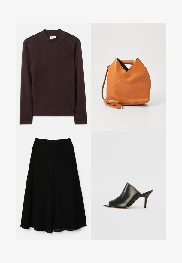 Top marrón de manga larga con cuello alto, hecho de una suave tela texturizada. Presenta un diseño simple y mangas rectas.; Falda midi negra con un diseño plisado. Tejido suave y ligero; cintura ancha. El dobladillo cae por debajo de la rodilla con una silueta fluida.; Mule negro de cuero con punta abierta, con un diseño elegante y curvado, tacón alto de aguja y textura suave. El interior presenta un color claro en contraste.; Bolso de mano de cuero marrón claro con un diseño de pliegue triangular único, asa superior y correa para el hombro desmontable sobre fondo blanco.