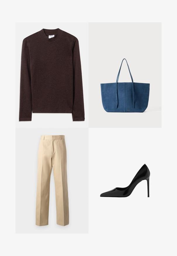 Ruskea pitkähihaisuus, jossa on korkea kaulus, valmistettu pehmeästä, teksturoidusta kankaasta. Yksinkertainen malli ja suorat hihat.; Beige muotopantsit, joissa on suora lahje, sileä pinta, keskellä etupuolella laskokset ja klassinen vyötärönauha.; Musta patentoitu nahka korkeakorkoinen kenkiä, terävä kärki, sileä pinta, ohut stiletto-korko, minimalistinen muotoilu, ei näkyviä kuvioita tai komponentteja.; Sininen mokkakankainenolma, jossa on kaksi pitkää kahvaa, suorakulmainen muoto, sileä pinta, minimalistinen muotoilu, edessä on hillitty logo.
