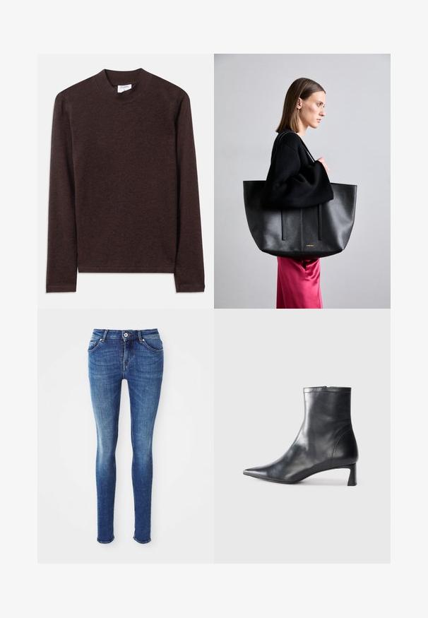 Pruun pikkade varrukatega topp kõrge kaelusega, valmistatud pehmest tekstuuriga kangast. Omab lihtsat disaini ja sirge lõikega varrukaid.; Sinised teksad slim-fit stiilis, siledast kangast, keskmise tõusuga talje, viie taskuga ja kergelt pleekinud reite piirkonnas. Omab metallist nööpi ja tõmblukk.; Mustad mustall nahkasaabas terava nina ja stiilse disainiga. Omab madalat konts ja luku sulgemist taga. Sile tekstuur.; Mustast nahast kott tekstureeritud viimistlusega, millel on kaks vertikaalset rida, kahekordsed õlarihmad ja minimalistlik disain.