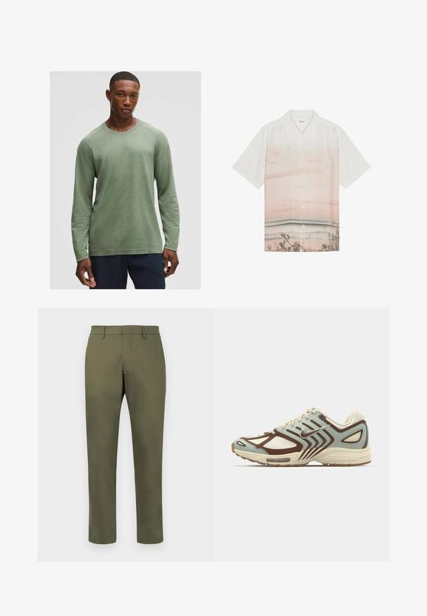 Long-sleeve shirt in muted green with a textured pattern, round neckline, and raglan sleeves, made from soft, lightweight fabric.; Short-sleeve shirt in white fabric featuring a gradient design with pale pink hues and a beach scene print at the bottom. Button closure.; Olive green straight-leg trousers with belt loops and a concealed front fastening against a white background.; Light blue and brown sneaker featuring a textured mesh upper, layered design, reflective accents, and a cushioned cream midsole.