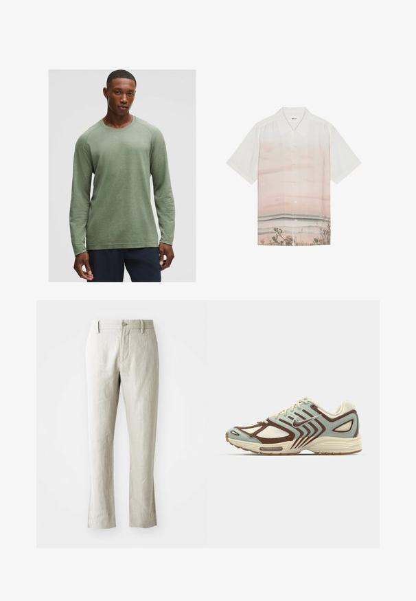 Langärmliges Shirt in gedämpftem Grün mit strukturiertem Muster, rundem Ausschnitt und Raglanärmeln, aus weichem, leichtem Stoff gefertigt.; Kurzarmhemd aus weißem Stoff mit einem Farbverlauf in sanften Rosa-Tönen und einem Strandmotiv am unteren Rand. Knopfschluss.; Helle beige Leinenhosen mit geradem Schnitt, subtiler Textur, vorderer Knopfverschluss und zwei Seitentaschen. Maßgeschneidert für eine saubere Silhouette.; Hellblaue und braune Sneaker mit einem strukturierten Mesh-Obermaterial, geschichtetem Design, reflektierenden Akzenten und einer gepolsterten cremefarbenen Zwischensohle.