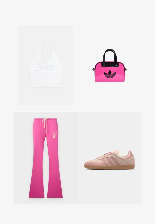 Biely top na halterneck z mäkkého materiálu, s kamienkovým nápisom "Juicy" vpredu. Uväzuje sa na krku pre nastaviteľné prispôsobenie.; Ružové široké teplákové nohavice s pásom na sťahovanie, s mäkkou textúrou a výšivkou na ľavej strane.; adidas Originals SAMBA OG - Tenisky - quartz/mauve; Ružová lakovaná kabelka s čiernym logom a rúčkami, s zaobleným tvarom a zipsovým uzáverom. Lesklý povrch zvyšuje viditeľnosť.