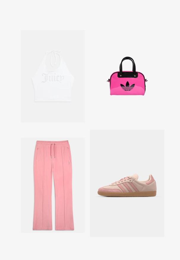 Bílý top na zavazování za krk vyrobený z měkké látky, s nápisem "Juicy" z kamínků na přední straně. Zavazuje se na krku pro nastavitelný střih.; Růžové sametové tepláky s elastickým pasem, šňůrkou, dvěma předními kapsami a prošívanými detaily po stranách nohavic.; adidas Originals SAMBA OG - Tenisky - quartz/mauve; Růžová lakovaná kabelka s černým logem a uchy, zaoblený tvar a zipové zapínání. Lesklý povrch zvyšuje viditelnost.