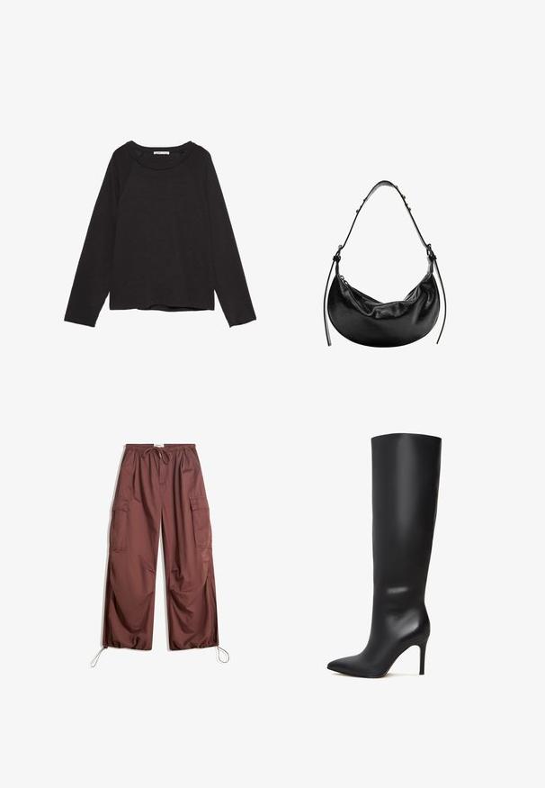 Czarny top z długim rękawem wykonany z fakturowanego materiału. Posiada szeroki dekolt oraz rękawy typu raglan i lekko zaokrąglony dół.; Szerokie brązowe spodnie cargo z elastycznym paskiem w talii, sznureczkiem do regulacji, dużymi kieszeniami bocznymi oraz regulowanymi sznureczkami przy kostkach.; Czarne skórzane botki do kolan na szpilkach z wydłużonym noskiem i gładką, elegancką powierzchnią. Posiadają wysoką, smukłą obcas, co zapewnia wydłużoną sylwetkę.; Czarna skórzana torebka w kształcie półksiężyca, gładka w dotyku, z regulowanym paskiem, z delikatnymi akcentami metalowymi. Widoczny zamek błyskawiczny.