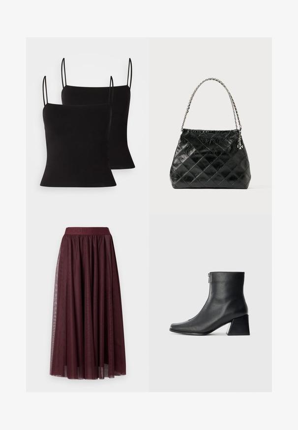 Czarne topy na ramiączkach z cienkimi paskami, wykonane z gładkiego, elastycznego materiału i o dopasowanym kroju. Zestaw dwóch sztuk.; Ciemno-burgundowa midi spódnica z tiulu z szerokim elastycznym pasem i długimi dekoracyjnymi wstążkami po bokach.; Czarne skórzane botki za kostkę z kwadratowym noskiem, bocznym zamkiem błyskawicznym i słupkowym obcasem na jasnym tle.; Czarna pikowana skórzana torebka na ramię z srebrnym łańcuszkiem, o usztywnionej konstrukcji i gładkiej fakturze.