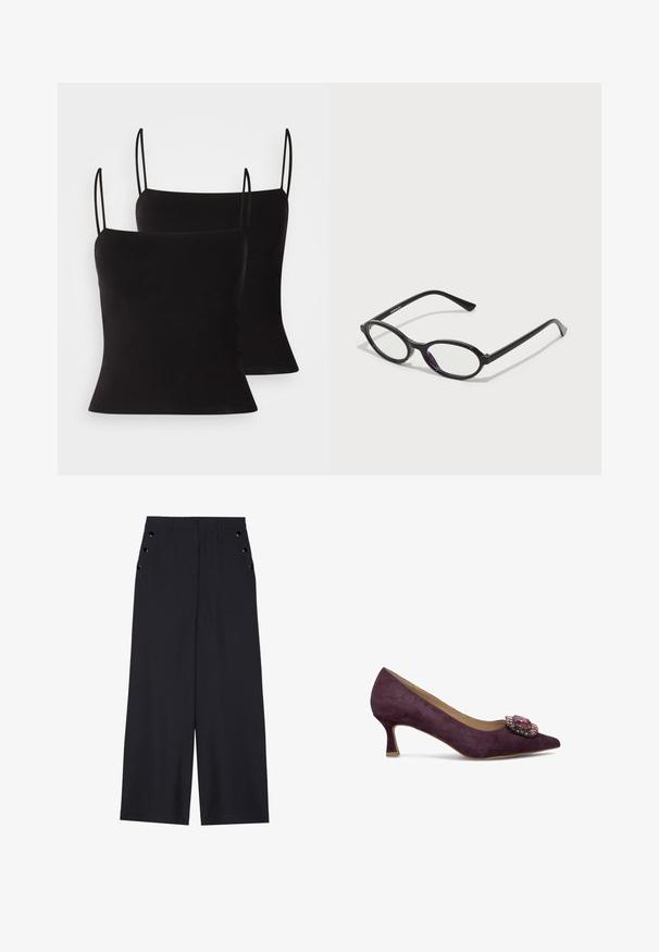 Schwarze Spaghetti-Träger-Camisoles aus glattem, elastischem Material mit taillierter Passform. Im praktischen Zwei-Pack.; Weite Hosen aus dunkelblauem Stoff mit einer glatten Textur, Vorderfalten und dekorativen goldfarbenen Ösen an den Seitentaschen.; Lila Wildleder-Pumpe mit spitzer Zehenform und einem dekorativen, mit Schmuck besetztem Akzent auf dem Vorderfuß. Verfügt über einen niedrigen, ausgestellten Absatz für Stabilität.; Schwarze Brille mit ovalem Rahmen und durchscheinenden lila Akzenten auf den Gläsern. Der Rahmen hat eine matte Oberfläche und schlanke, gerade Bügel.; Schwarze Stoff-Scrunchies mit rüschigem Muster, versehen mit Lochmustern. Zwei Größen, beide weich und mit einem zarten Finish.