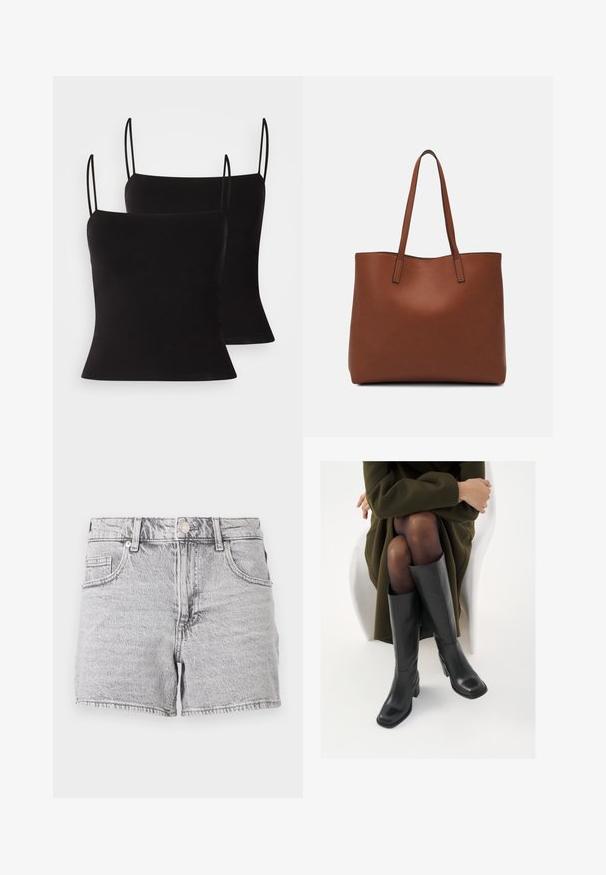 Čierne tielka s tenkými ramienkami, vyrobené z hladkého, elastického materiálu a priliehavého strihu. Balenie obsahuje dva kusy.; Svetlošedé džínsy s vysokým pásom, päť vreciek a roztrhnutým okrajom. Materiál má jemnú textúru a vyblednutý vzhľad.; Čierne kožené čižmy po kolená so štvrtým prstom a blokovým opätkom, zobrazené s modelom sediacim v olivovo zelenej bunde. Hladká textúra, minimálne detaily.; Hnedá kožená taška na rameno s hladkou textúrou, otvoreným vrchom a dvoma ramenými popruhmi. Má minimálne šitia a žiadne viditeľné kovania.