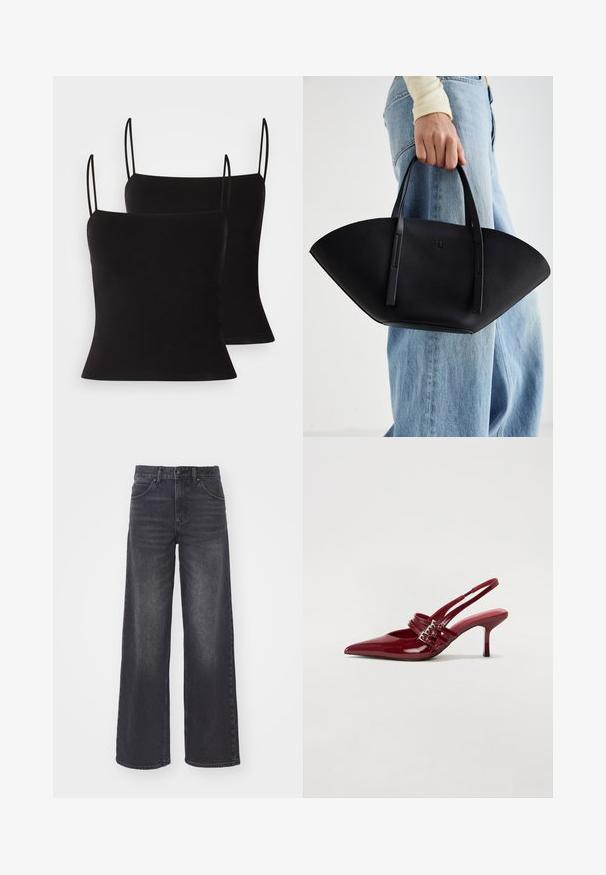 Tops de alças finas em preto, com um tecido liso e elástico e um corte ajustado. Design em pack duplo.; Jeans de perna larga cinza-escuros feitos de denim, com cintura alta, design de cinco bolsos e um leve efeito de desgaste na frente.; Sapatos de salto slingback em verniz vermelho, com bico fino, duas tiras com fivela e um salto stiletto fino de altura média. Textura suave.; Bolsa de mão em couro preto com uma forma única em leque, apresentando alças planas. A superfície tem uma textura pebble e um design minimalista.