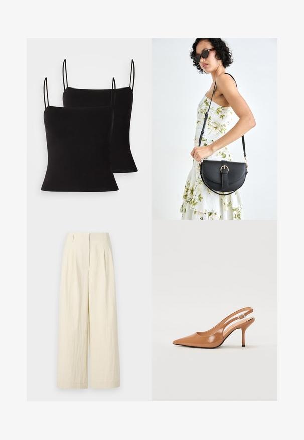 Top in satin nero con spalline sottili, realizzato in un tessuto liscio e elasticizzato, con una silhouette aderente. Confezione da due.; Pantaloni a gamba larga di colore crema realizzati in un tessuto strutturato. Presentano pieghe frontali e una vita alta, offrendo una vestibilità ampia in tutto.; Tacco slingback a punta affusolata in un materiale tan liscio e lucido. Presenta un design con ritaglio curvo e un sottile tacco a stiletto. Dettaglio con fibbia argentata.; Borsa a tracolla nera in pelle con una forma curva, manico rimovibile e accessori dorati. La borsa presenta una patta con un dettaglio a fibbia.