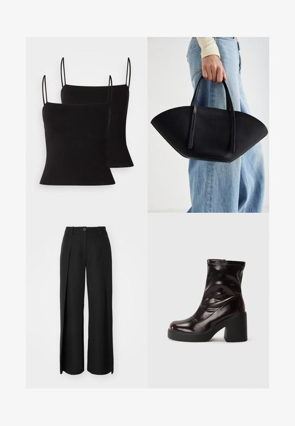 Zwarte camisoles met dunne bandjes, gemaakt van een gladde, rekbare stof en met een aansluitende pasvorm. Verpakt in een set van twee.; Zwarte wijde broekspijpen van een gladde stof met voorplooien, een enkele knoopsluiting en riemlussen.; Glanzend zwart enkellaarsje met stevige blokhak en ronde neus, gladleren bovenwerk met subtiele stikdetails.; Zwarte leren handtas met een unieke waaier vorm, voorzien van platte handvatten. Het oppervlak heeft een gewelfde textuur en een minimalistisch ontwerp.