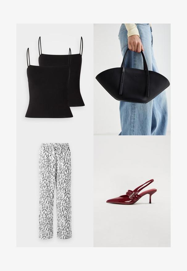 Svart linne med tunna axelremmar, i en mjuk och elastisk tygkvalitet samt en figurnära silhuett. Tvåpack.; Svartvita mönstrade byxor med elastisk midja och dragsko, med en lös, rak bendesign och mjuk textur.; Röda patentläder slingback-hälar med spetsig tå, två spännen och en smal, medelhög stilettklack. Slät textur.; Svart läderhandväska med en unik fläktform, som har platta handtag. Ytan har en pebblad textur och en minimalistisk design.