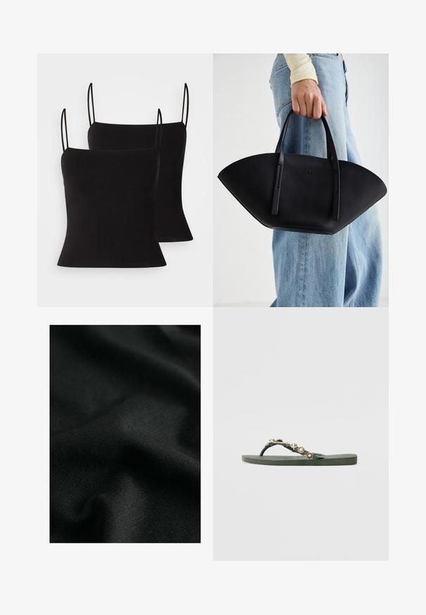 Czarne topy na ramiączkach z cienkimi paskami, wykonane z gładkiego, elastycznego materiału i o dopasowanym kroju. Zestaw dwóch sztuk.; Czarna bawełniana tkanina o gładkiej fakturze, z delikatnymi falami i subtelnymi wzorami dzianiny. Materiał charakteryzuje się miękkim, elastycznym opadającym krojem.; Zielone gumowe klapki z dekoracyjnymi złotymi ćwiekami wzdłuż paska. Teksturowana wkładka i płaska podeszwa dla wygody.; Czarna skórzana torebka w unikalnym kształcie wachlarza, z płaskimi uchwytami. Powierzchnia ma fakturę kamyków i minimalistyczny design.