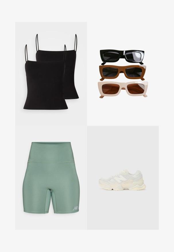 Mustad õhukesed rihmad ja sujuv, elastne kangas, sobivad mustad kampsunid. Pakis kaks tükki.; Kõrge vöökohaga sportlikud lühikesed püksid tuhmrohelises värvitoonis. Valmistatud siledast, elastsetest materjalidest, millel on lamedad õmblused ja peegeldav logo aksent.; Kerge tenniseking, mille pealis on valmistatud võrgust ja seemisnahast pehmes kreemitoonis, koos paksu tallaga ja kolmemõõtmeliste aktsentidega.; Kolm paari ristkülikulisi prille. Ülemine: läikivad mustad raami tumedate läätsedega. Keskmine: mati pruunid raami. Alumine: kreemivärvi raami pruuni läätsedega.