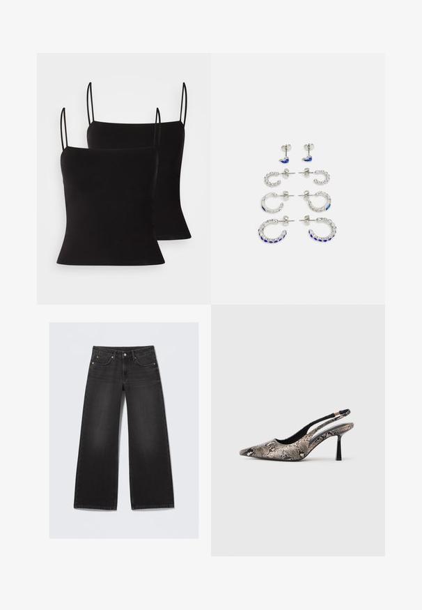 Black camisole tops with thin straps, featuring a smooth, stretchy fabric and a fitted silhouette. Two-pack design.; Black wash wide-leg denim jeans with five pockets and a button closure, laid flat against a light background.; Pointed-toe slingback shoes made of textured snake print material, featuring a slender black heel and a cutout design on the sides.; Set of six earrings in silver-tone metal. Includes stud and hoop designs with blue and clear gemstones, varying in size and shape.