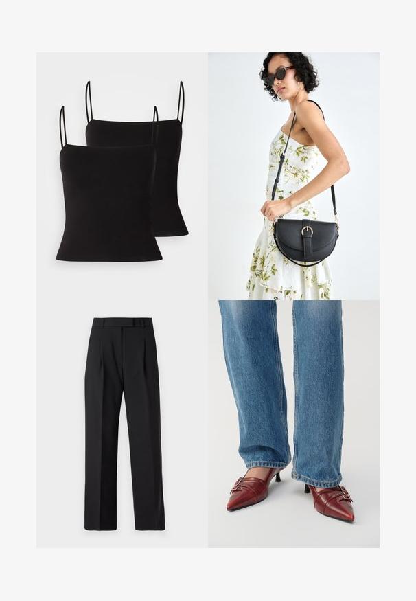 Crne majice na bretele s tankim trakama, izrađene od glatkog, rastezljivog materijala i prilagođenog kroja. Dizajn u paketu od dva komada.; Crne hlače širokih nogavica s glatkom teksturom tkanine, imaju visoki struk, prednje nabore i bez vidljivih metalnih dijelova ili uzoraka.; Crvene kožne cipele s uskim vrhom i malom potpeticom, s horizontalnim šavovima i dvije srebrne kopče, kombinirane s plavim trapericama.; Crna kožna torba s lukovitim oblikom, odvojivim remenom i zlatnim detaljima. Torba ima preklop s kopčom.