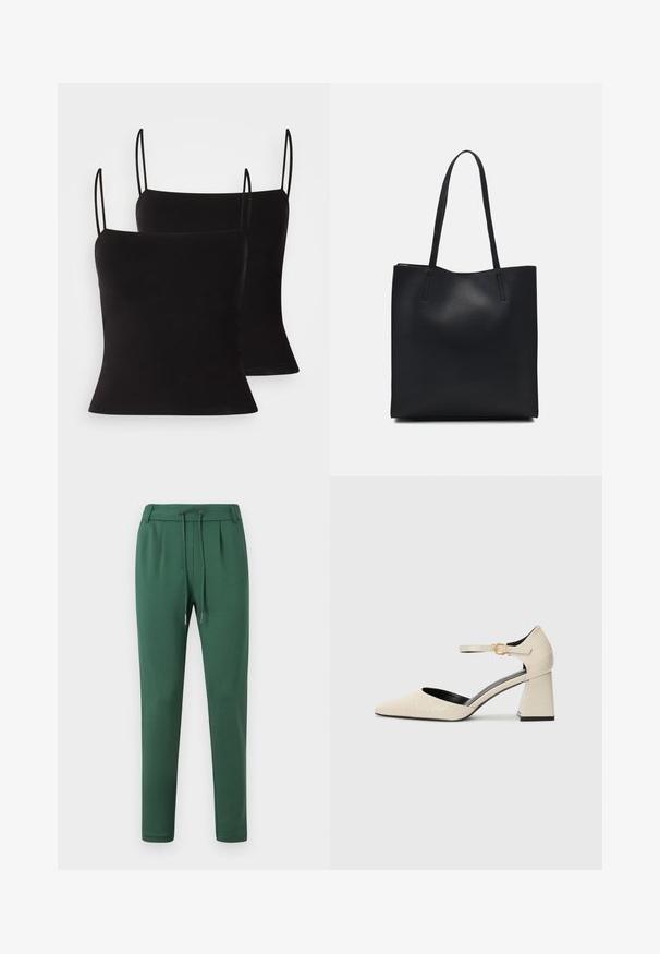 Čierne tielka s tenkými ramienkami, vyrobené z hladkého, elastického materiálu a priliehavého strihu. Balenie obsahuje dva kusy.; Zelené tepláky vyrobené z mäkkej tkaniny, s elastickým pásom s šnúrkou, zužujúcimi sa nohavicami a bočnými záhybmi.; Béžové topánky z imitácie kože na blokovom podpätku s špicatou špičkou, remienkom okolo členka a jemným zdobením v kroko vzore. Čierne vnútorné podšívanie.; Čierna kožená taška na rameno s hladkým povrchom, obdĺžnikovým tvarom a dvoma dlhými uchami. Bez viditeľného kovania alebo ozdôb.