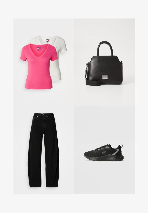 Conjunto de duas T-shirts: uma rosa, uma branca. Design em forma de V, mangas curtas, feitas de algodão suave. Com um pequeno logotipo no peito.; Calças largas de ganga pretas com cintura alta, apresentando um fecho de botão, cinco bolsos e detalhes de costura mínimos.; Sapatilha desportiva preta de cano baixo, com malha respirável, sistema de atacadores, sola texturizada e logótipo "cK" de lado.; Bolsa sintética preta com alças superiores, alça de ombro destacável, formato arredondado, textura suave e detalhe em logo prateado na frente.