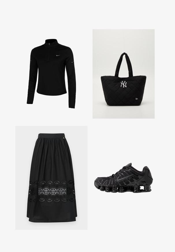 Maglietta sportiva nera a maniche lunghe con mezzo zip, colletto, logo Nike riflettente e cuciture piatte per comfort e vestibilità aderente.; Gonna nera realizzata in tessuto liscio con elastico in vita, caratterizzata da un inserto in pizzo a motivo ondulato all'orlo.; Scarpa sportiva nera con tomaia in mesh e sovrapposizioni lucide. Presenta un'imbottitura a molla curva e linee texturizzate sul lato. Logo Nike visibile.; Borsa a spalla nera imbottita con doppi manici, dotata di un logo bianco dei New York Yankees e un piccolo emblema del marchio sul lato.