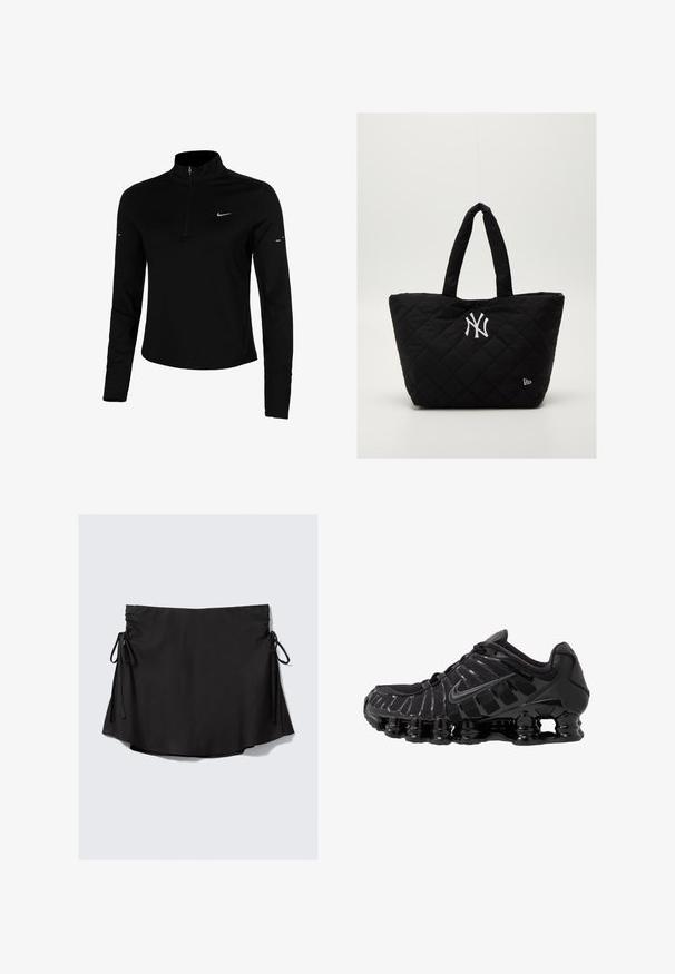 Black long-sleeve athletic top with a half zip, collar, reflective Nike logo, and flatlock seams for comfort and a snug fit.; Black skirt with a smooth texture, adjustable ties on each side, slightly flared hemline, and lightweight fabric.; Black athletic shoe with mesh upper and glossy overlays. Features curved coil cushioning and textured lines on the side. Nike logo visible.; Quilted black tote bag with double handles, featuring a white New York Yankees logo and a small brand emblem on the side.