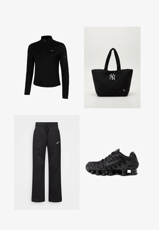 Camiseta deportiva negra de manga larga con media cremallera, cuello, logo reflectante de Nike y costuras planas para mayor comodidad y un ajuste ceñido.; Pantalones de chándal negros hechos de una mezcla de algodón, con una cintura elástica ajustable, piernas rectas y un logo blanco de Nike en el lado izquierdo.; Zapatilla deportiva negra con parte superior de malla y detalles brillantes. Presenta amortiguación de bobina curvada y líneas texturizadas en el lateral. Logotipo de Nike visible.; Bolsa tote negra acolchada con doble asa, que presenta un logo blanco de los New York Yankees y un pequeño emblema de la marca en el lateral.