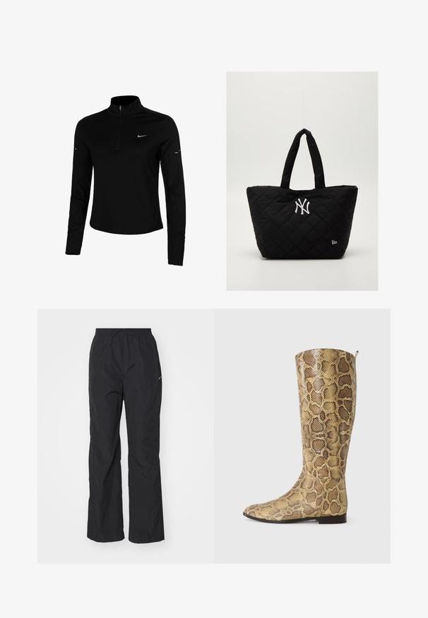 Maglietta sportiva nera a maniche lunghe con mezzo zip, colletto, logo Nike riflettente e cuciture piatte per comfort e vestibilità aderente.; Pantaloni neri leggeri con elastico in vita e cordoncino. Presentano una finitura testurizzata e un piccolo logo riflettente sul lato.; Stivali al ginocchio con una stampa a serpente e un motivo brunito dorato testurizzato, dotati di suola piatta e di un sottile passante sulla parte superiore.; Borsa a spalla nera imbottita con doppi manici, dotata di un logo bianco dei New York Yankees e un piccolo emblema del marchio sul lato.