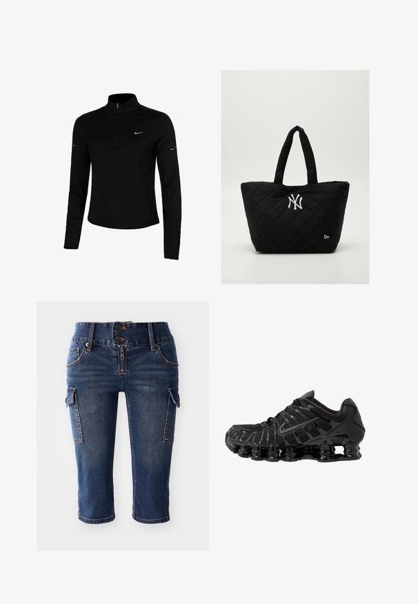 Czarna sportowa koszulka z długim rękawem, z półzamkiem, kołnierzem, odblaskowym logo Nike i szwami flatlock dla wygody oraz dopasowania.; Jeansowe spodnie capri w ciemnoniebieskim odcieniu, z dwiema bocznymi kieszeniami cargo oraz podwójnym zapięciem na guziki i suwakiem. Klasyczny pięciokieszeniowy krój.; Czarne buty sportowe z siateczkową cholewką i połyskującymi detalami. Posiadają wyprofilowane poduszki pod nogami i teksturowane linie po boku. Widoczna logo Nike.; Kwiatowa czarna torba na ramię z podwójnymi uchwytami, z białym logo New York Yankees i małym emblematem marki z boku.