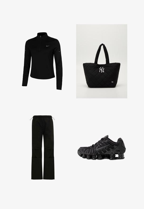 Must musta varrukatega sportlik särk, millel on poolne tõmblukk, krae, peegelduv Nike logo ja lapiga õmblused mugavuseks ja täpse sobivuse tagamiseks.; Mustad, kerged püksid elastse vöökoha, nöörilistete reguleerimisega, küljetaskutega ja sirge jala lõikega. Sile tekstuur.; Must mustusjalats, millel on võrkmaterjalist ülemine osa ja läikivad kattekihtide detailid. Omab kaardus spiraallöögi pehmendust ning tekstuuriga jooni küljel. Nähtav Nike logo.; Kästi must käekott topeltkäepidemete ja valge New York Yankeesi logoga, millel on külgedel väike brändiemaika.