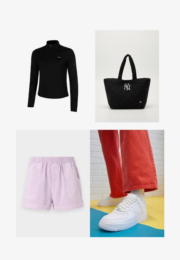 Schwarzes langärmliges Sportoberteil mit halbem Reißverschluss, Kragen, reflektierendem Nike-Logo und Flachnähte für Komfort und eine enge Passform.; Lilafarbene Shorts aus leichtem Stoff mit einem elastischen Bund, ausgestattet mit zwei vorderen Taschen und einem lockeren Schnitt.; Weiße Leder-Sneaker mit perforiertem Zehenbereich, strukturiertem Sohlen und weißen Schnürsenkeln, kombiniert mit weiten roten Hosen und einem blauen und gelben Hintergrund.; Gepolsterte schwarze Tragetasche mit doppelten Griffen, mit einem weißen Logo der New York Yankees und einem kleinen Markensymbol an der Seite.