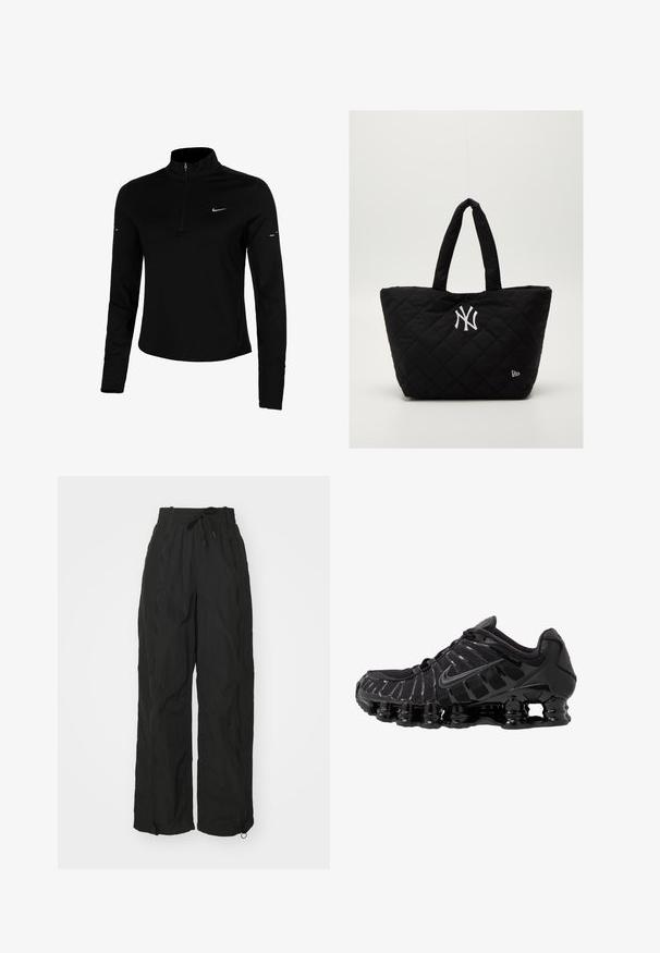 Sort langærmet træningstrøje med halv lynlås, krave, reflekterende Nike-logo og flatlock-sømme for komfort og en tætsiddende pasform.; Sorte, vide bukser lavet af let, tekstureret stof. Har en elastisk talje, snoretræk og lynlåsåbninger ved anklerne.; Sort atletisk sko med mesh-overdel og glatte overlays. Har buet spiralbøsningsdæmpning og strukturerede linjer på siden. Nike-logoet er synligt.; Quiltet sort tote bag med dobbelte håndtag, med et hvidt New York Yankees-logo og et lille brandemblem på siden.
