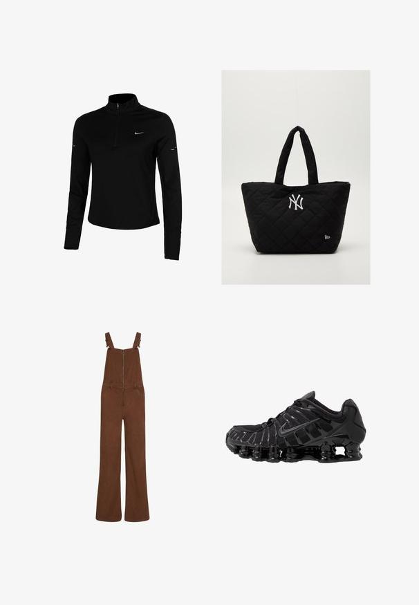 Camisa desportiva preta de mangas compridas com zíper até à metade, colarinho, logótipo refletor da Nike e costuras planas para conforto e um ajuste justo.; Mala de sarja castanha de pernas largas com zíper frontal e alças ajustáveis, apresentando passadores de cinto e dois bolsos frontais.; Sapato atlético preto com parte superior em malha e sobreposições brilhantes. Apresenta amortecimento em espiral curvado e linhas texturizadas na lateral. Logotipo da Nike visível.; Saco tote preto acolchoado com duas alças, apresentando um logotipo branco dos New York Yankees e um pequeno emblema da marca de lado.