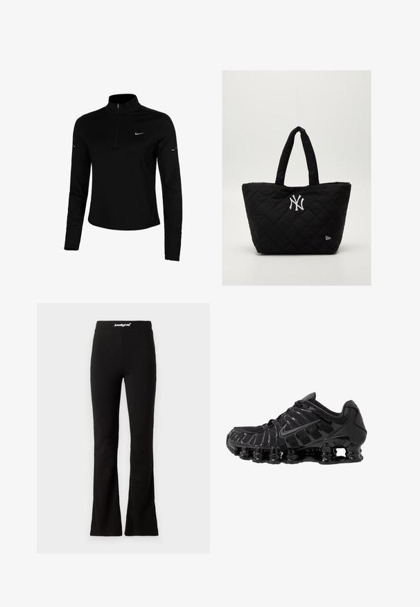 Mustat pitkähihaiset urheilu paita, jossa on puoliveto, kaulus, heijastava Nike-logo ja litteät saumat mukavuutta ja tiivistä istuvuutta varten.; Mustat levenevät leggingsit, joissa on sileä pinta ja joustava vyötärö, jossa on valkoinen logo. Suunniteltu mukavuutta ja joustavuutta varten.; Mustat urheilukengät, joissa on verkkoyläosa ja kiiltävät yksityiskohdat. Varustettu kaarevalla jousituksella ja teksturoiduilla viivoilla sivuilla. Nike-logo näkyvissä.; Mustikkavärinen tikattu kassi, jossa on tuplakahvat ja valkoinen New York Yankees -logo sekä pieni brändin emblem sivussa.