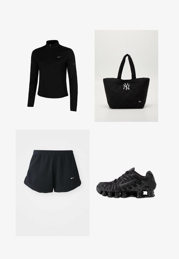 Czarna sportowa koszulka z długim rękawem, z półzamkiem, kołnierzem, odblaskowym logo Nike i szwami flatlock dla wygody oraz dopasowania.; Czarne spodenki sportowe o strukturalnej fakturze, elastycznym pasie, zaokrąglonych dolnych krawędziach i małym białym logo Nike na dolnej stronie.; Czarne buty sportowe z siateczkową cholewką i połyskującymi detalami. Posiadają wyprofilowane poduszki pod nogami i teksturowane linie po boku. Widoczna logo Nike.; Kwiatowa czarna torba na ramię z podwójnymi uchwytami, z białym logo New York Yankees i małym emblematem marki z boku.