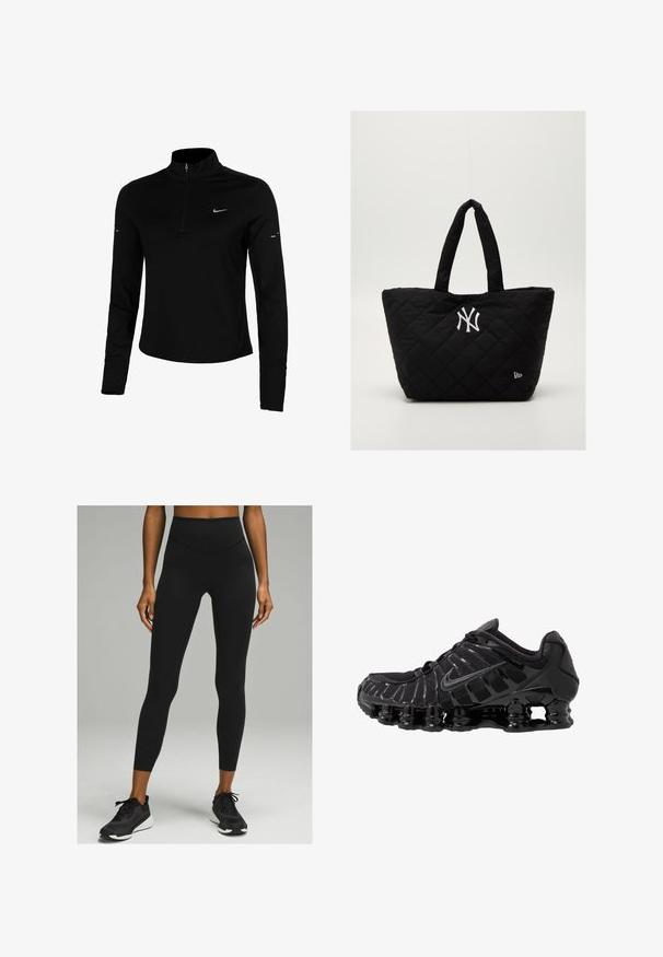 Sort langærmet træningstrøje med halv lynlås, krave, reflekterende Nike-logo og flatlock-sømme for komfort og en tætsiddende pasform.; Sorte højtaljede leggings med en glat tekstur og tætsiddende design, parret med sorte atletiske sko med en hvid sål.; Sort atletisk sko med mesh-overdel og glatte overlays. Har buet spiralbøsningsdæmpning og strukturerede linjer på siden. Nike-logoet er synligt.; Quiltet sort tote bag med dobbelte håndtag, med et hvidt New York Yankees-logo og et lille brandemblem på siden.