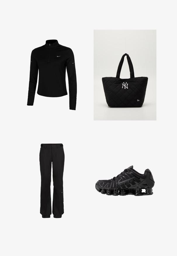 Čierny športový top s dlhými rukávmi, polozipsom, golierom, reflexným logom Nike a plochými švami pre komfort a tesné sedenie.; Čierne snehové nohavice s rovný strihom, nastaviteľným pásom, spevnenými manžetami a decentným logom na ľavej nohe.; Čierna športová obuv s vrchnou časťou z sieťoviny a lesklými detailmi. Obsahuje zakrivené odpruženie a textúrované línie po stranách. Viditeľné logo Nike.; Prešívaná čierna taška na rameno s dvojitými uchami, s bielym logom New York Yankees a malým emblémom značky po boku.