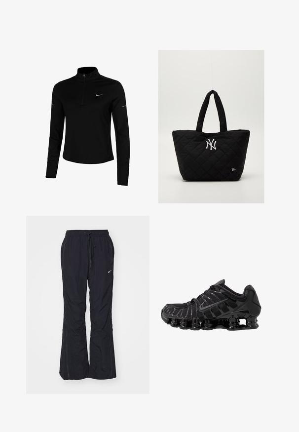 Juoda ilgomis rankovėmis sportinė marškinė su pusiau užtrauktuku, apykakle, atspindinčiu Nike logotipu ir plokščiomis siūlėmis komfortui ir prigludusiai formai.; Juodos nailono kelnės su raišteliu ties juosmeniu, užtrauktuko šoninėmis kišenėmis ir maža balta Nike logotipu kairiajame šlaunyje.; Juodas sportinis batai su tinklinėmis viršutinėmis dalimis ir blizgiomis detalėmis. Yra kreivai suformuota spyruoklinė amortizacija ir tekstūruoti brūkšniai šone. Matomas Nike logotipas.; Juodai siūtas quilted rankinė su dvigubomis rankenėlėmis, su baltu Niujorko "Yankees" logotipu ir mažyčiu prekės ženklo emblemu šone.