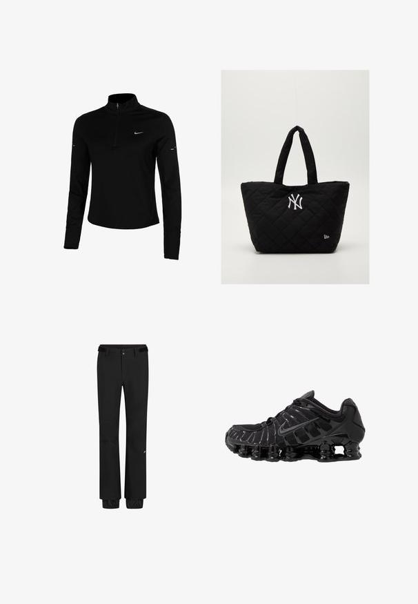 Črn športni majica dolgimi rokavi s pol zadrgo, ovratnikom, odsevnimi logotipi Nike in ravnimi šivi za udobje in tesno prileganje.; Črne zunanje hlače imajo standardni pas z obročem, zapiranje na gumb, elastične manšete in znak na spodnjem delu noge. Lahka, trpežna tkanina.; Črne atletske čevlje z mrežasto zgornjico in sijočimi detajli. Imajo ukrivljeno podložitev iz vzmeti in teksturirane linije na strani. Logotip Nike je viden.; Kvatirana črna torba z dvema ročajema, ki ima belo logo New York Yankees in majhen emblem blagovne znamke na strani.