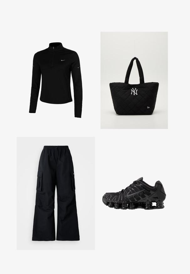 Černý dlouhý rukáv atletického topu s polo zipem, límečkem, reflexním logem Nike a plochými švy pro pohodlí a těsné padnutí.; Černé cargo kalhoty s širokými nohavicemi, elastickým pasem a nastavovací šňůrkou, a dvěma bočními kapsami. Vyrobeno z hladkého, lehkého materiálu.; Černá sportovní bota s síťovaným svrškem a lesklými detaily. Má zakřivené odpružení z pružin a texturované linie na straně. Viditelné logo Nike.; Prošívaná černá taška na rameno s dvojitými uchy, s bílým logem New York Yankees a malým emblémem značky na boku.