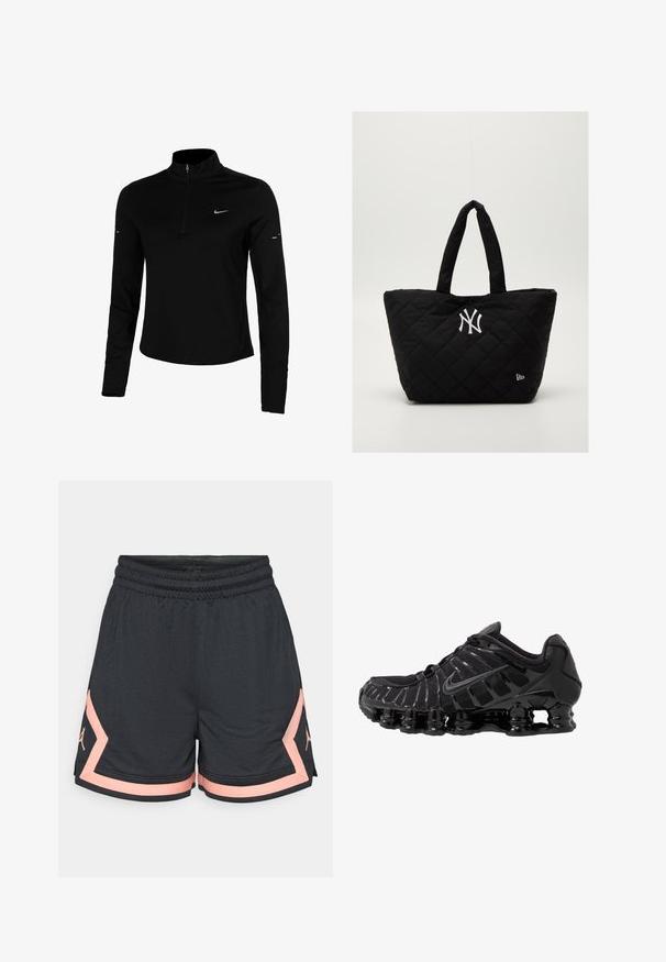 Melnas sporta krekliņš ar garām piedurknēm, puszipu, apkakli, atstarojošu Nike logotipu un plakanajiem šuvēm komfortam un ciešai piegulšanai.; Melni sporta šorti ar teksturētu audumu, elastīgu jostu un rozā akcentiem. Sānos ir redzams logo atbilstošā rozā krāsā.; Melnas sporta kurpes ar sietveida augšdaļu un spīdīgām virsmas daļām. Iezīmēta ar izliekta spirāla spilvenu un teksturētām līnijām sānos. Redzams Nike logo.; Quiltota melna soma ar divām rokturiem, kurai ir balts Ņujorkas Jankiju logo un neliela zīmola emblēma sānos.